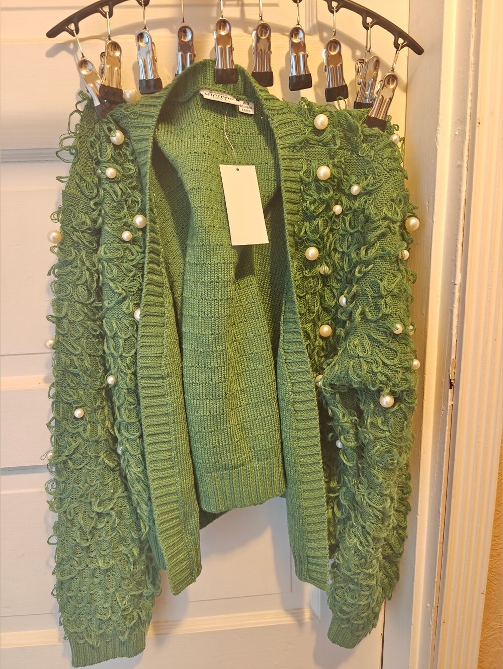 Green Textured loop-knit Cardigan, Mighty Fine with Faux-Pearl Accents Size M
